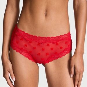 NWT Victoria’s Secret Tease Mesh Lace-Trim Cheeky Panty L red bows lace trim